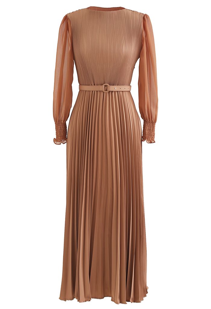 Full Pleated Belted Maxi Dress in Tan