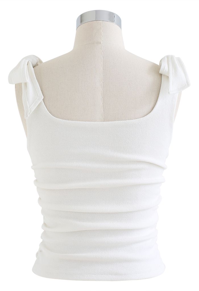 Ruched Side Tie-Bow Crop Cami Top in White