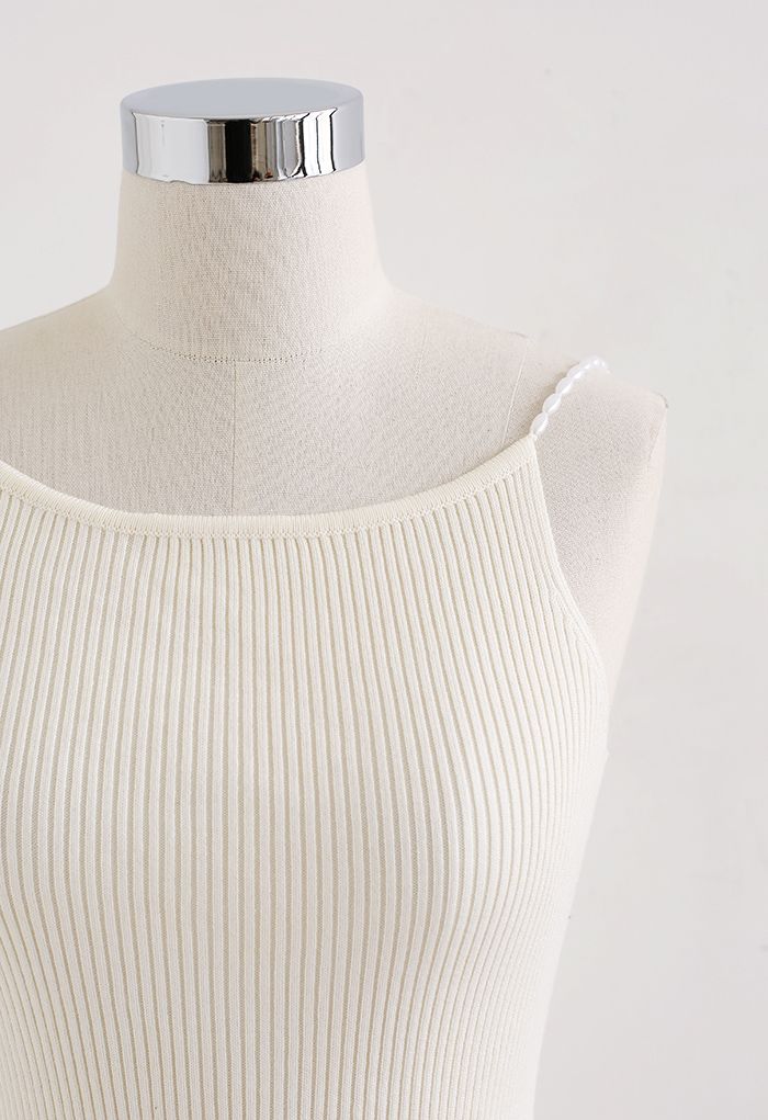 Pearl Straps Knit Cami Tank Top in Yellow