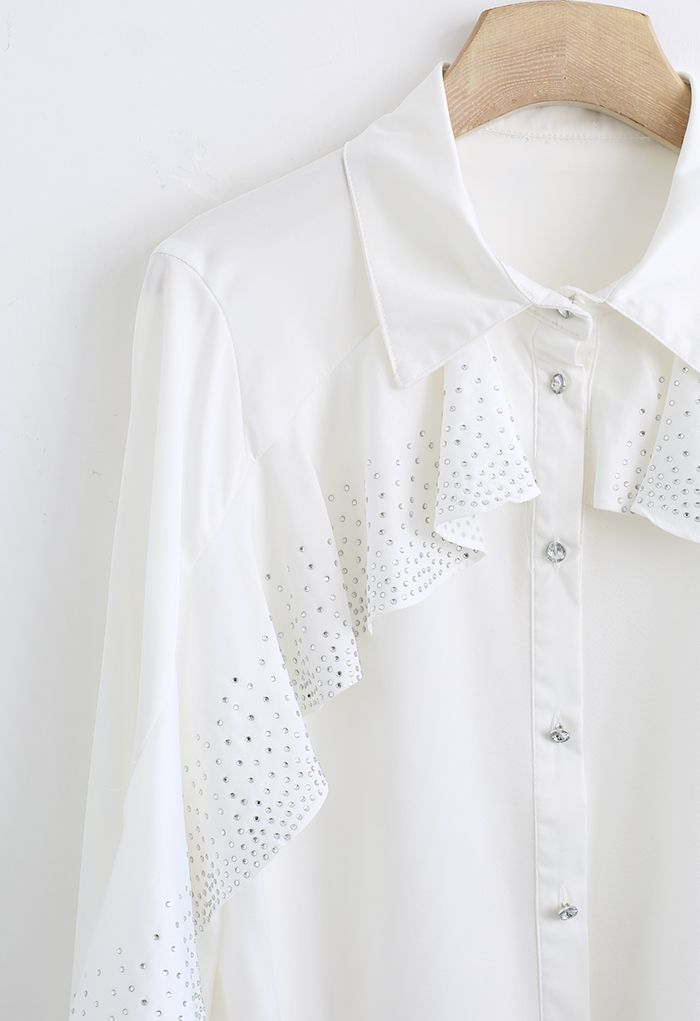 Crystal Ruffle Sleeve Satin Shirt in White