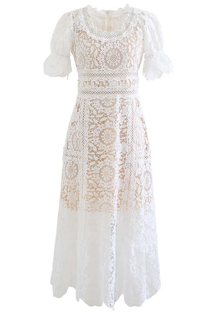 Floral Crochet Short-Sleeve Midi Dress in White