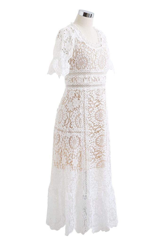 Floral Crochet Short-Sleeve Midi Dress in White