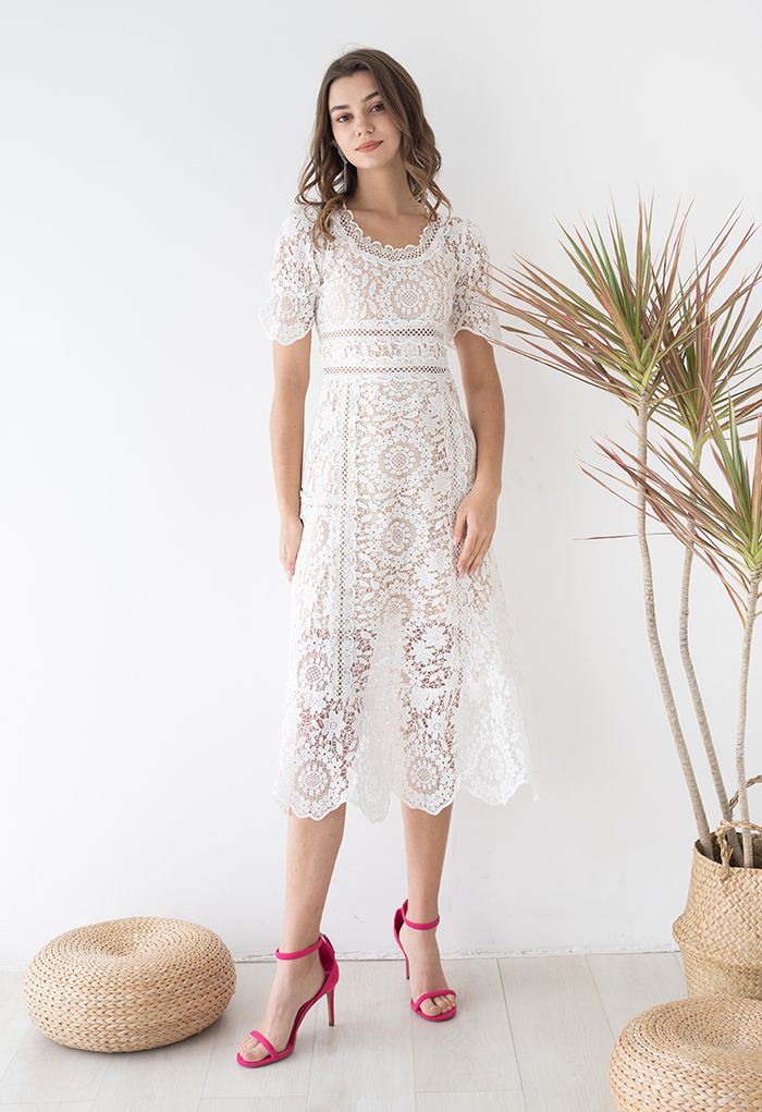 Floral Crochet Short-Sleeve Midi Dress in White