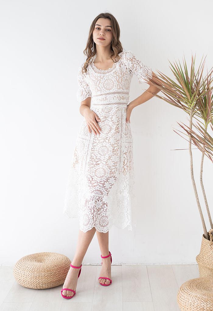 Floral Crochet Short-Sleeve Midi Dress in White