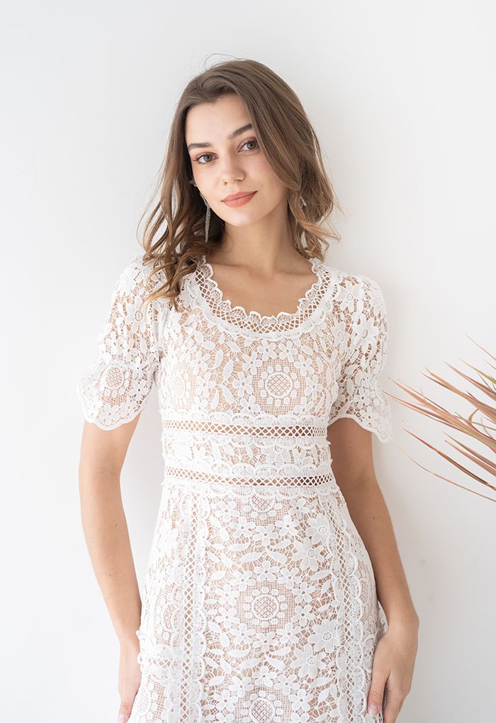 Floral Crochet Short-Sleeve Midi Dress in White