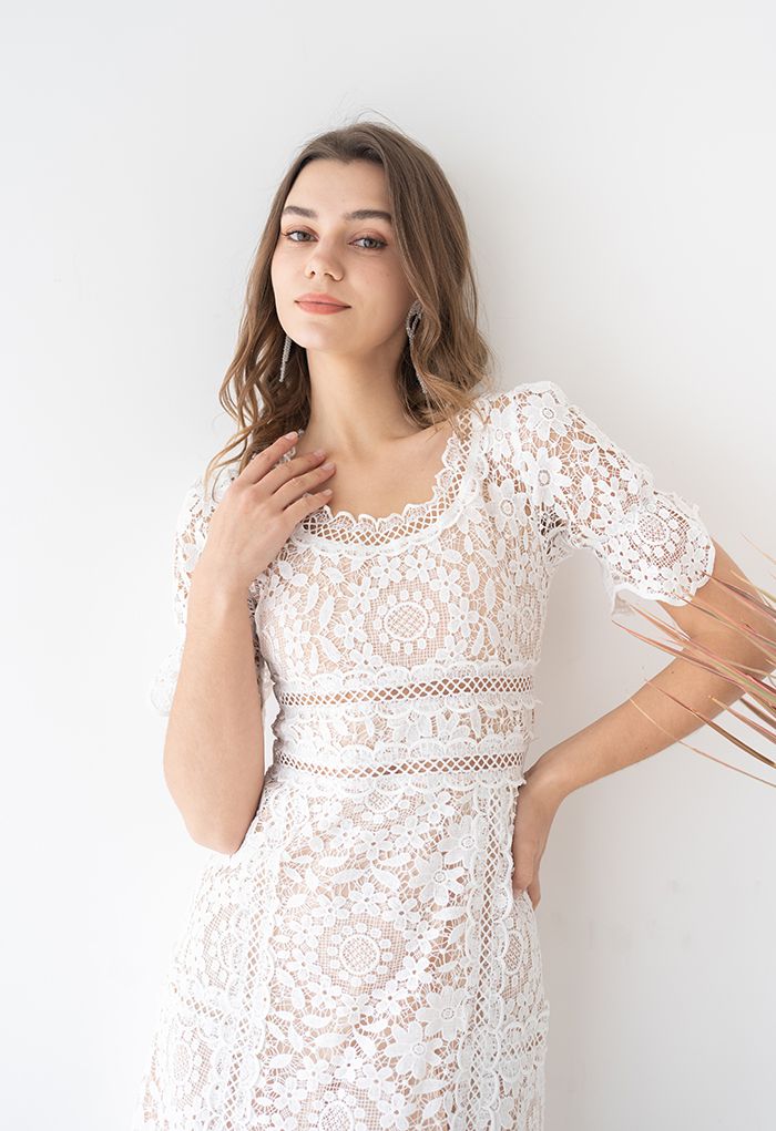 Floral Crochet Short-Sleeve Midi Dress in White