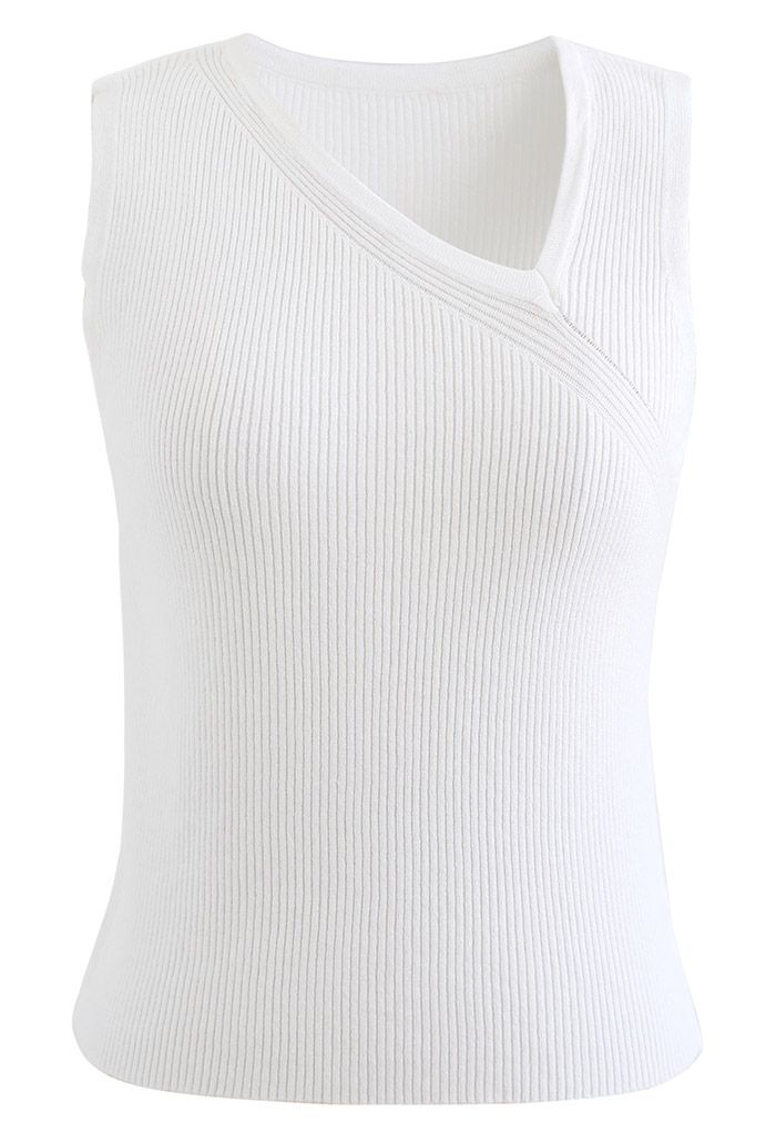 Oblique V-Neck Knit Tank Top in White