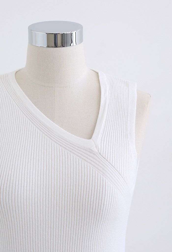 Oblique V-Neck Knit Tank Top in White