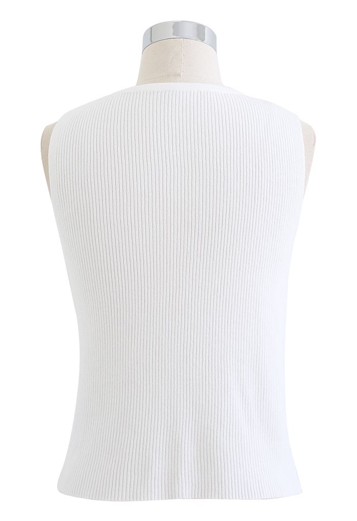 Oblique V-Neck Knit Tank Top in White