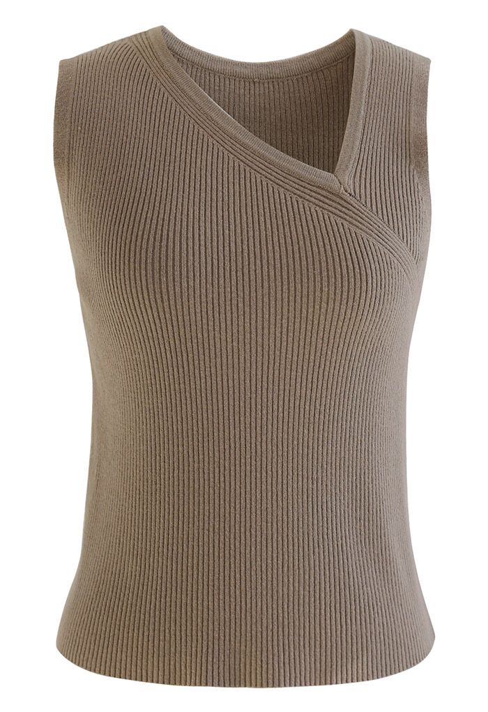 Oblique V-Neck Knit Tank Top in Brown