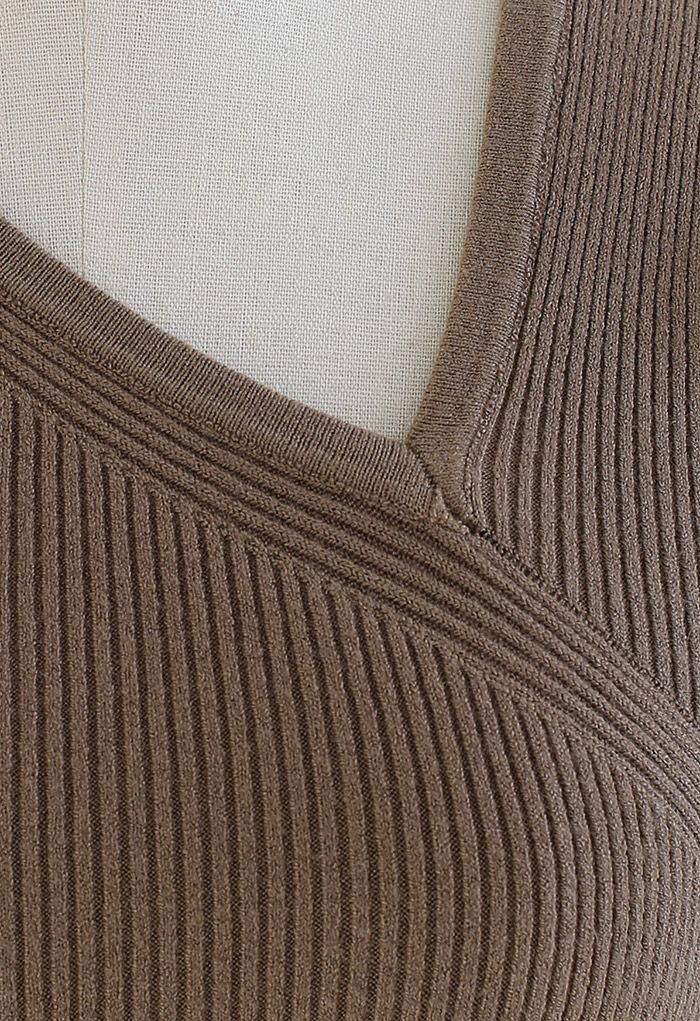 Oblique V-Neck Knit Tank Top in Brown