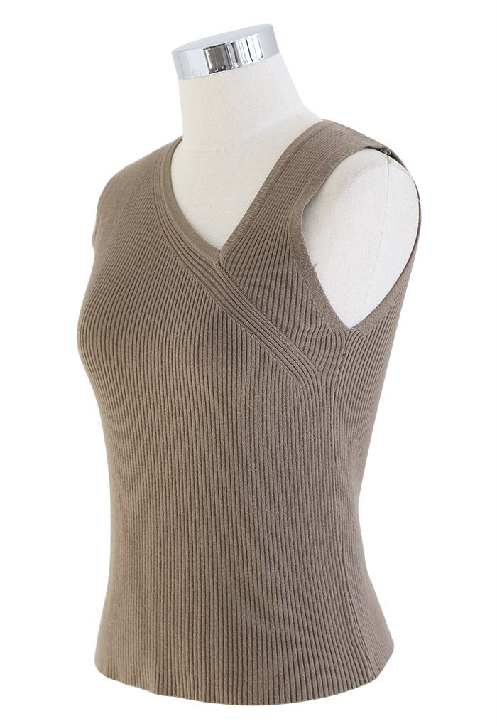 Oblique V-Neck Knit Tank Top in Brown