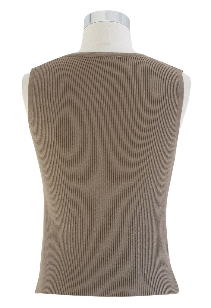 Oblique V-Neck Knit Tank Top in Brown