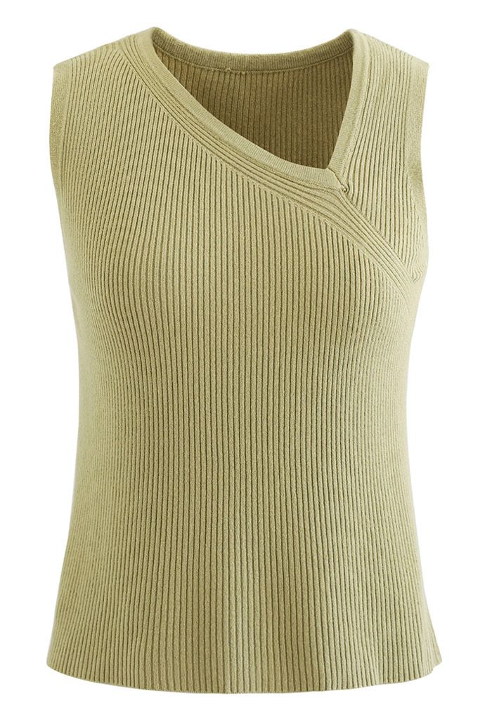 Oblique V-Neck Knit Tank Top in Moss Green