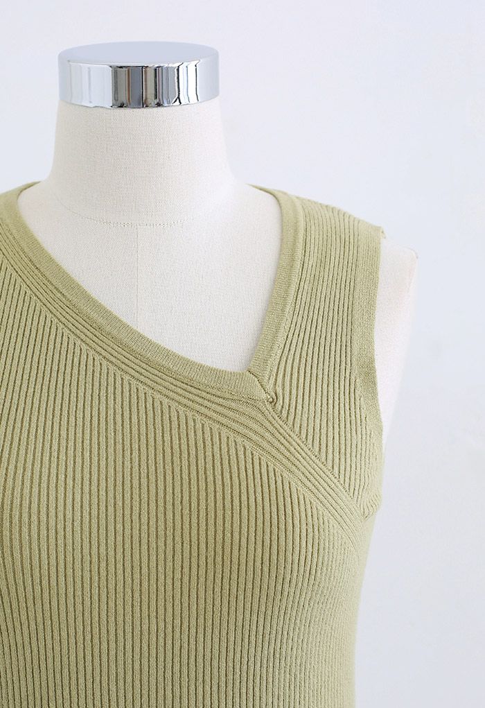 Oblique V-Neck Knit Tank Top in Moss Green