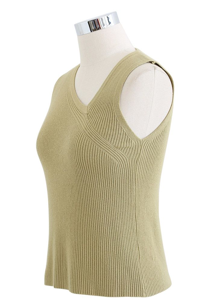 Oblique V-Neck Knit Tank Top in Moss Green