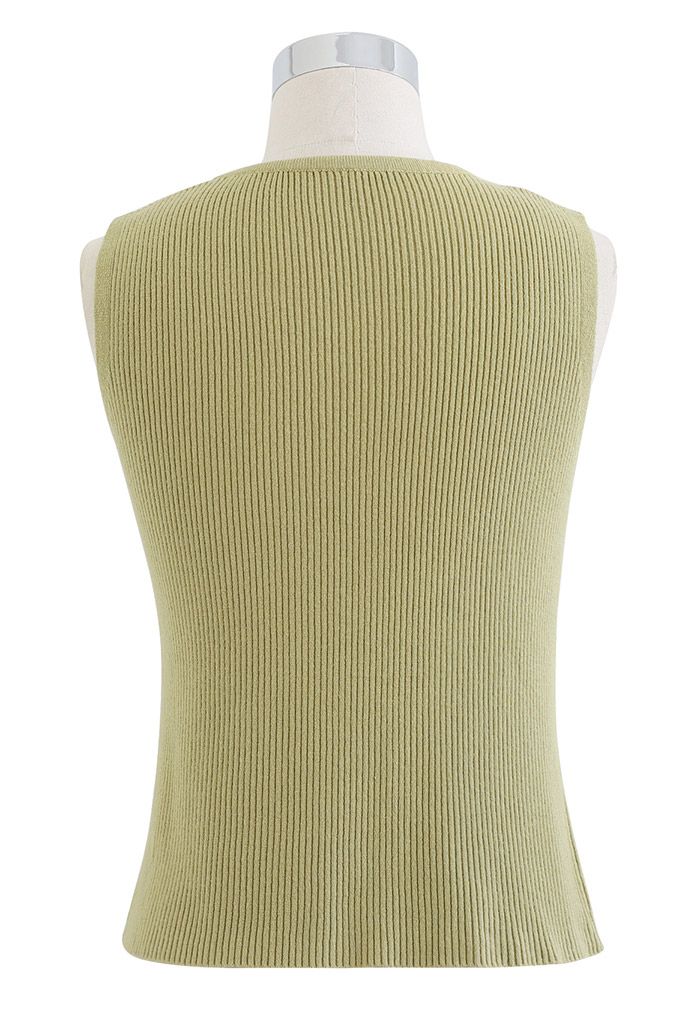 Oblique V-Neck Knit Tank Top in Moss Green