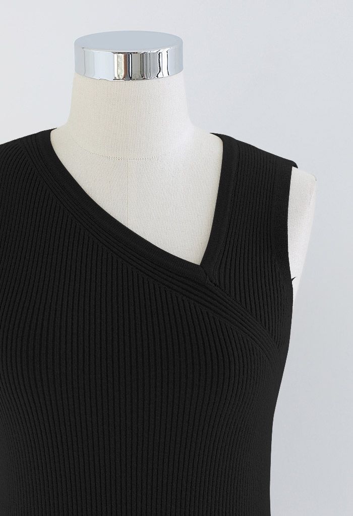 Oblique V-Neck Knit Tank Top in Black