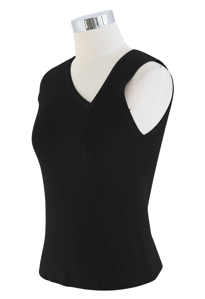 Oblique V-Neck Knit Tank Top in Black