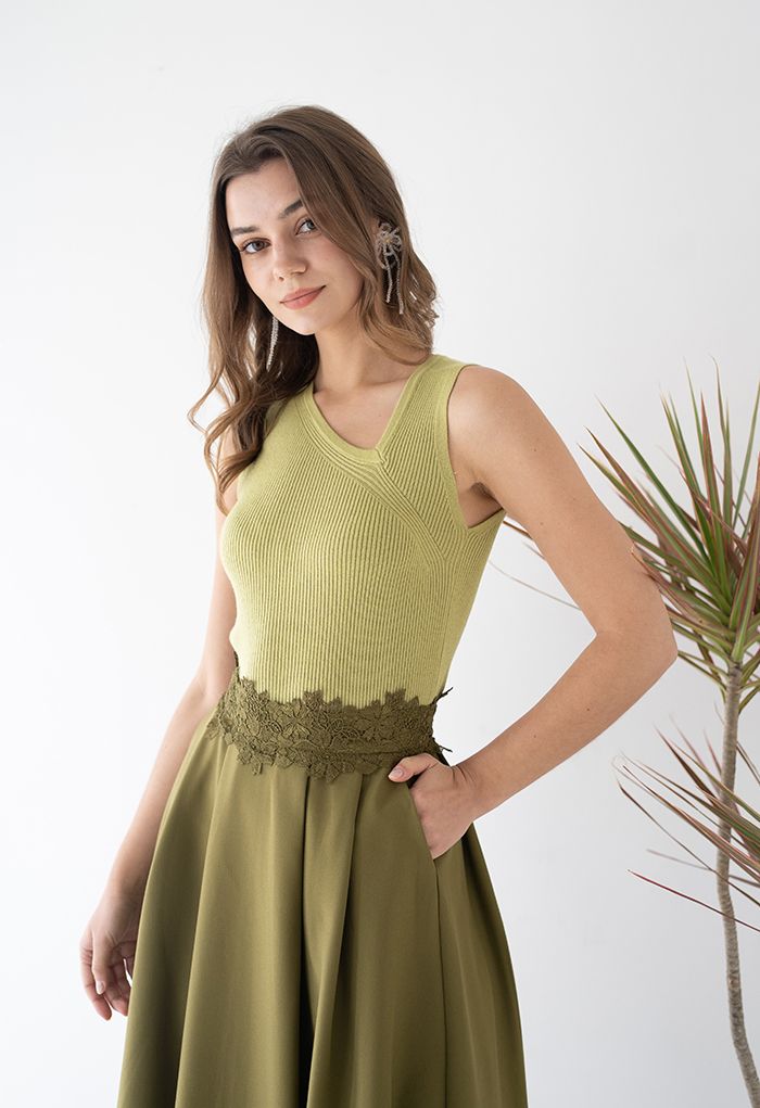 Oblique V-Neck Knit Tank Top in Moss Green