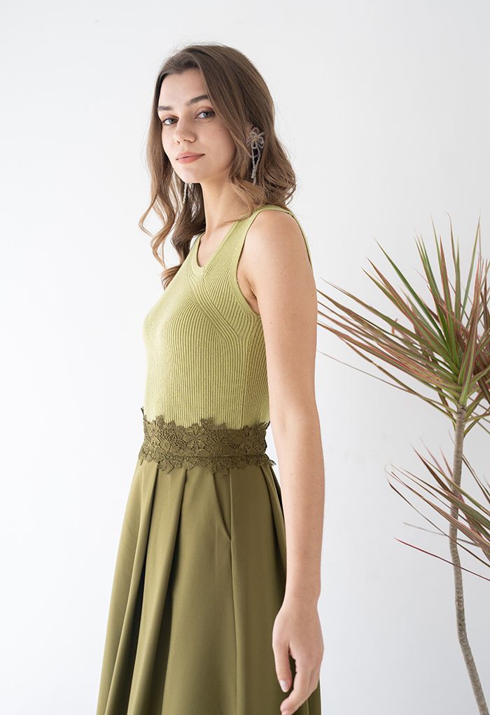 Oblique V-Neck Knit Tank Top in Moss Green