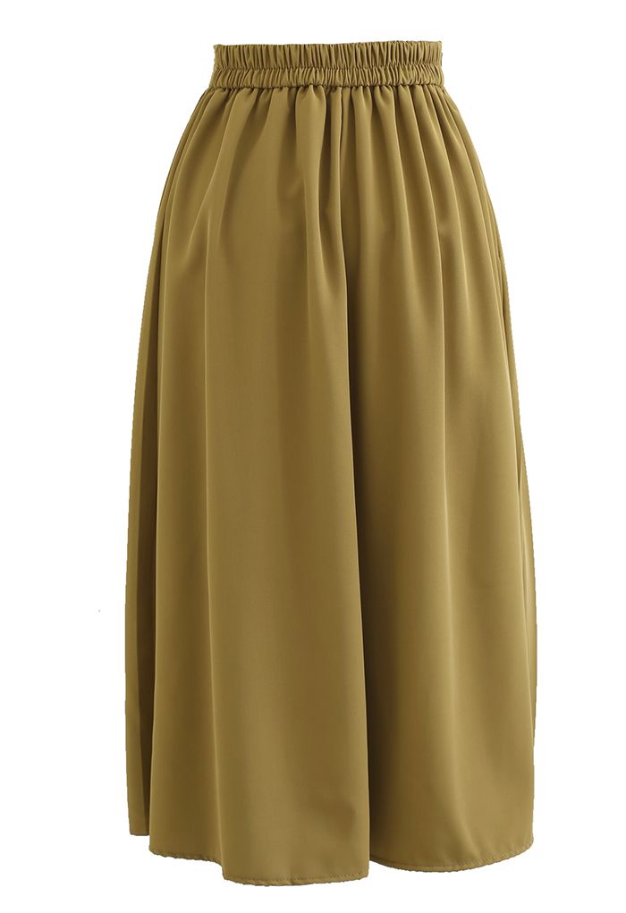Solid Color Half Side Pleated Midi Skirt in Mustard