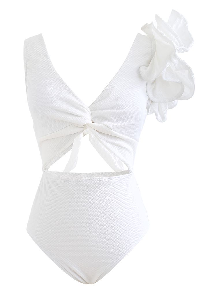 Solid White Ruffle Shoulder Cutout Swimsuit