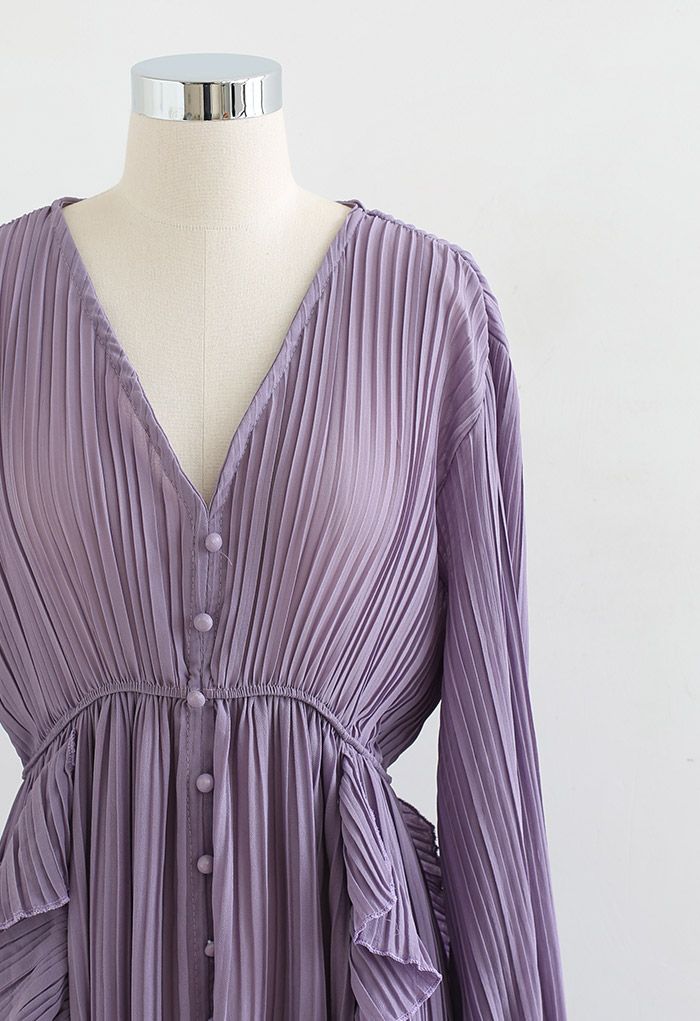 Breezy Ruffle Asymmetric Pleated Chiffon Maxi Dress in Lilac