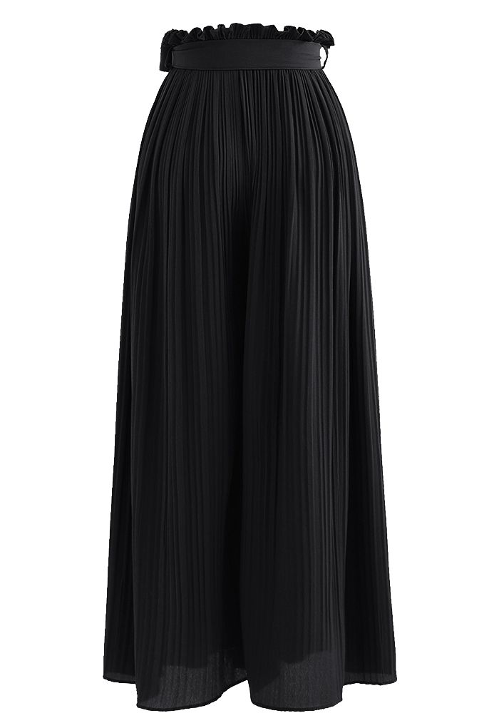 Tie-Waist Pleated Wide Leg Pants in Black