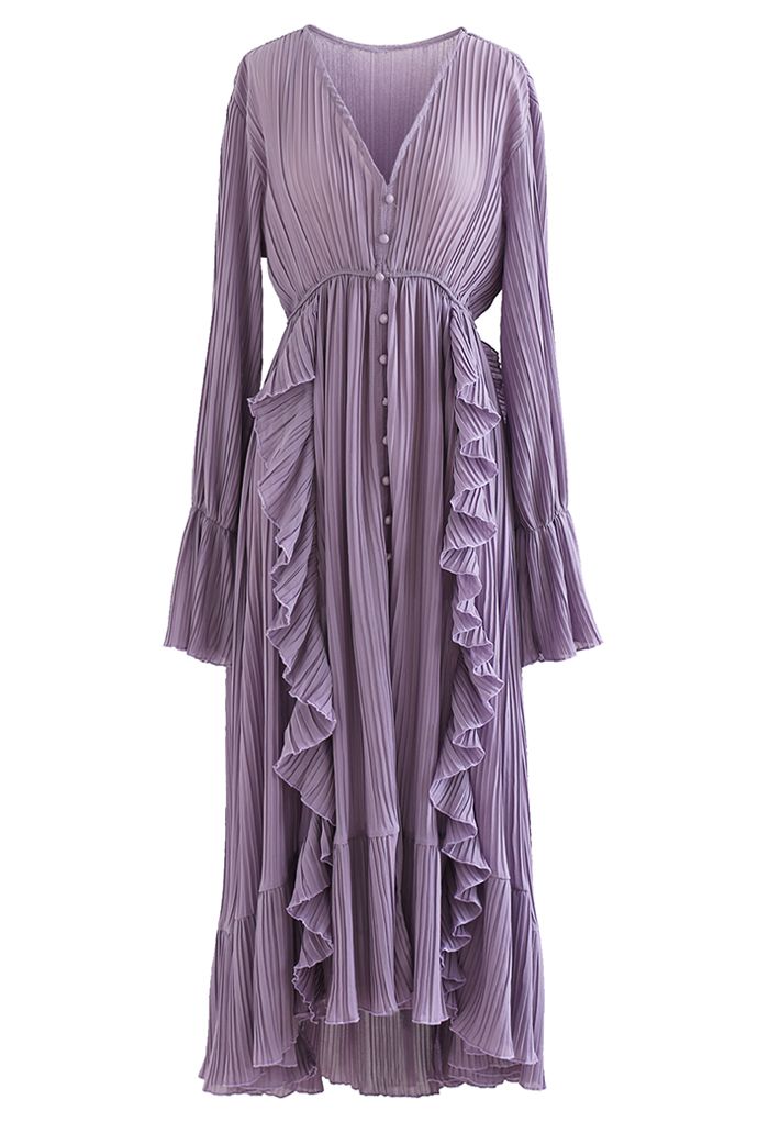 Breezy Ruffle Asymmetric Pleated Chiffon Maxi Dress in Lilac