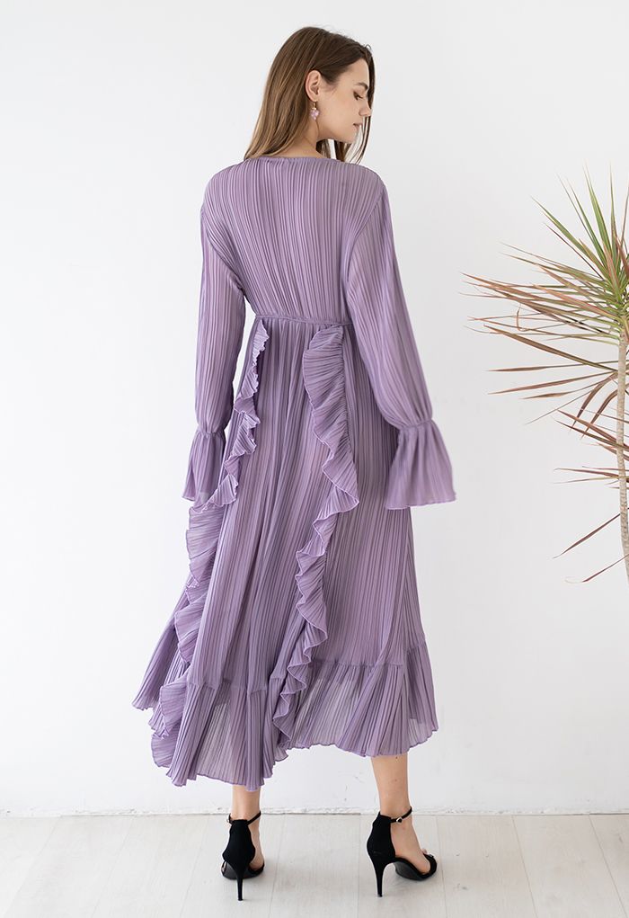 Breezy Ruffle Asymmetric Pleated Chiffon Maxi Dress in Lilac