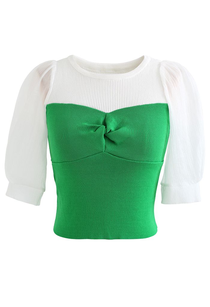 Twisted Front Spliced Fitted Knit Top in Green