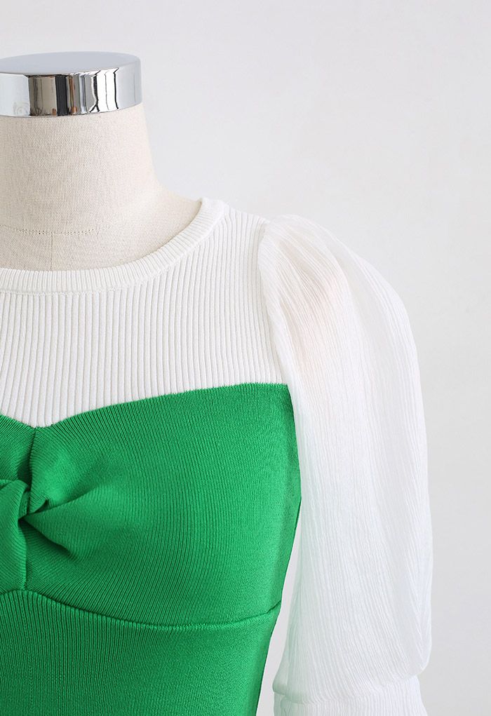 Twisted Front Spliced Fitted Knit Top in Green