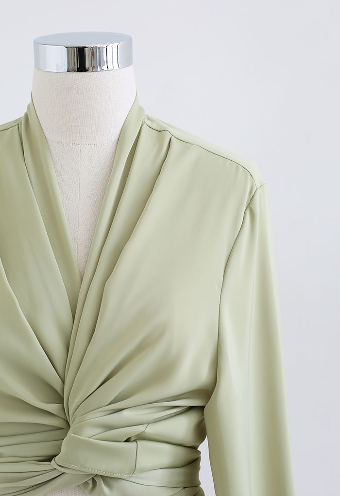 Crisscross Tie-Bow Satin Top in Pistachio