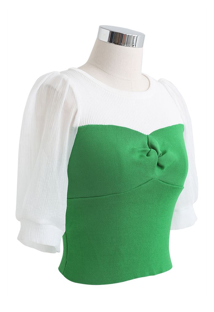 Twisted Front Spliced Fitted Knit Top in Green