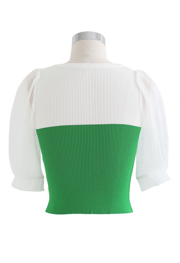 Twisted Front Spliced Fitted Knit Top in Green