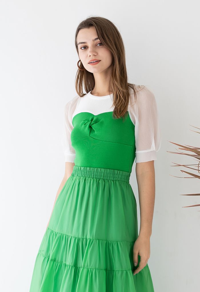 Twisted Front Spliced Fitted Knit Top in Green