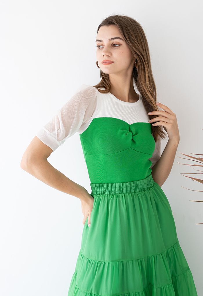 Twisted Front Spliced Fitted Knit Top in Green