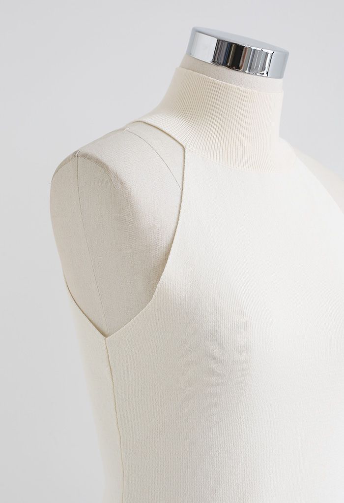 Halter Mock Neck Fitted Knit Tank Top in Cream