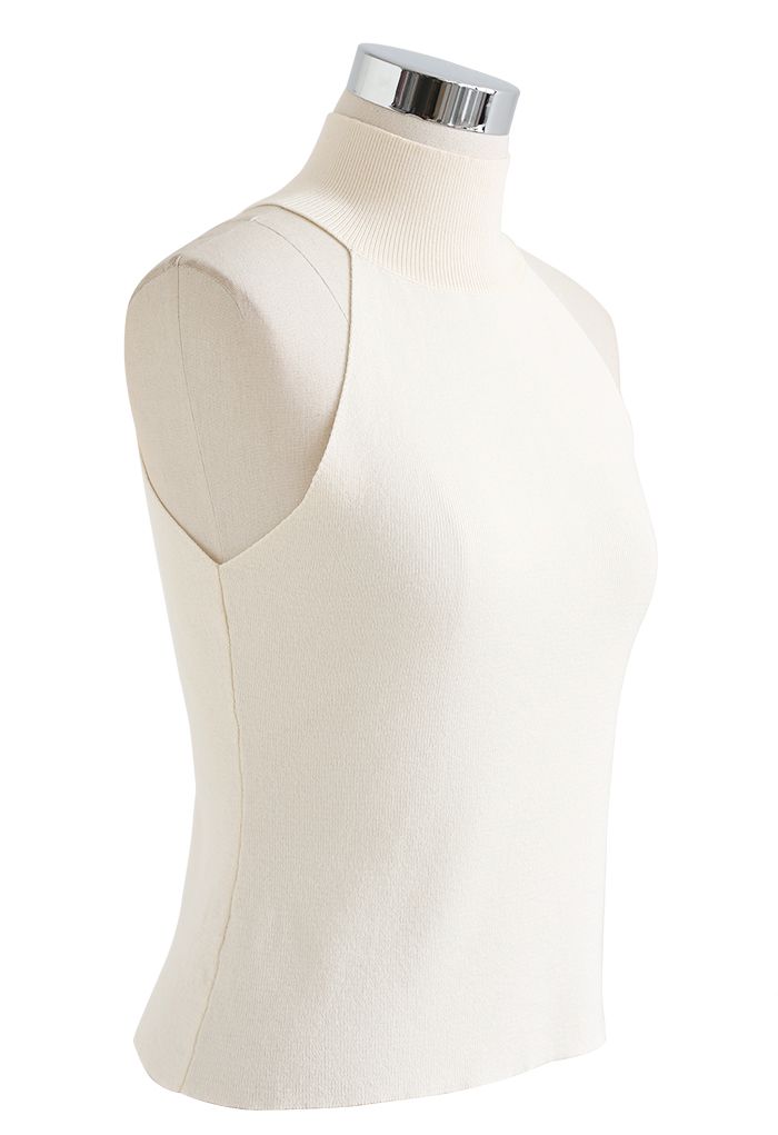 Halter Mock Neck Fitted Knit Tank Top in Cream