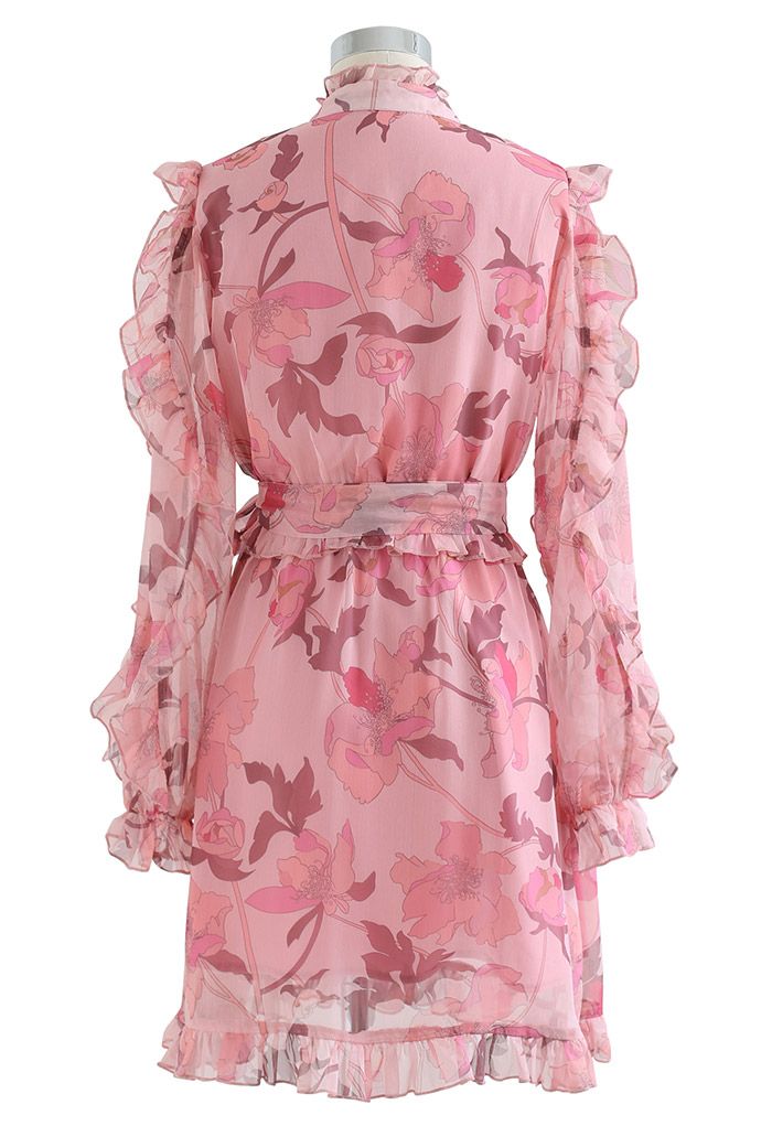 Blush Pink Floral Ruffle Belted Dress