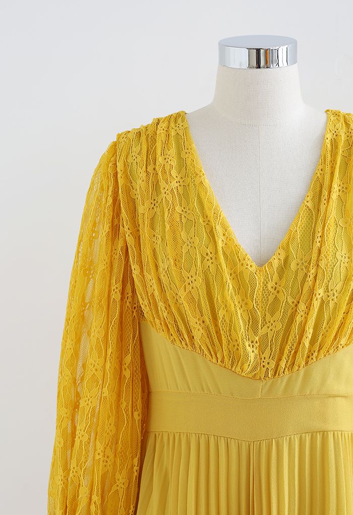 V-Neck Lace Spliced Pleated Maxi Dress in Mustard