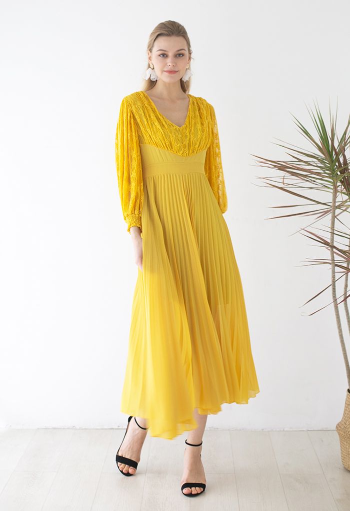 V-Neck Lace Spliced Pleated Maxi Dress in Mustard