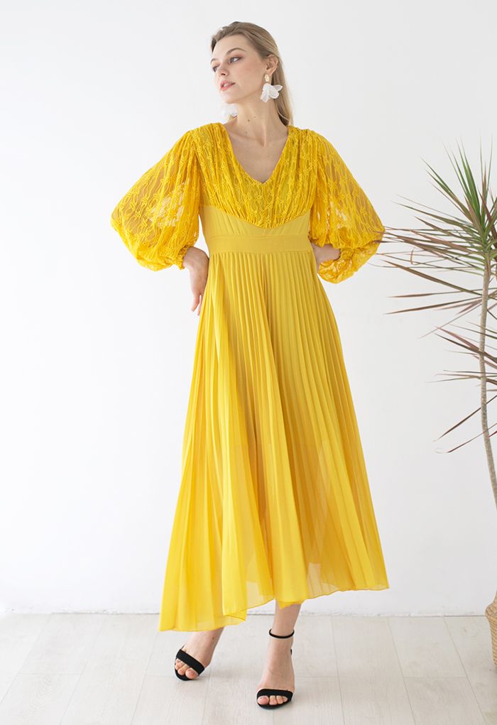 V-Neck Lace Spliced Pleated Maxi Dress in Mustard