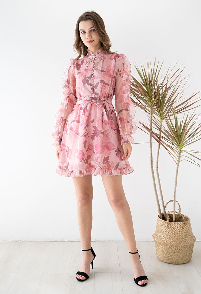 Blush Pink Floral Ruffle Belted Dress