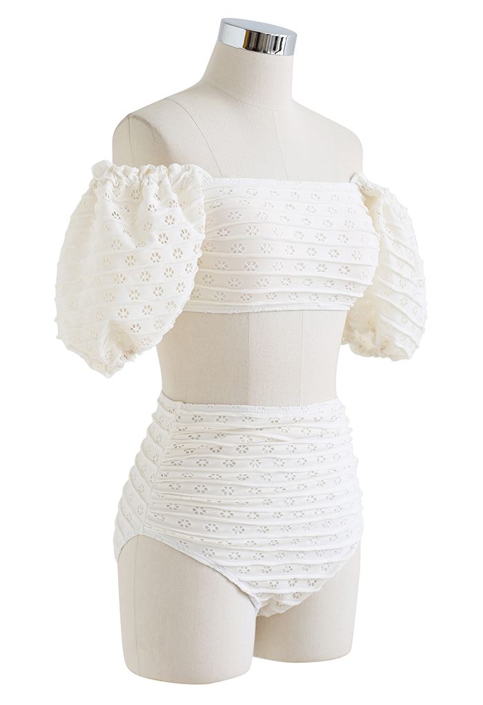 Creamy Full Floret Cutwork Off-Shoulder Bikini Set