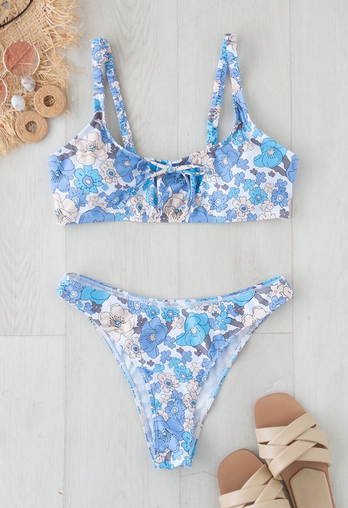 Cartoon Flowers Print Bikini Set