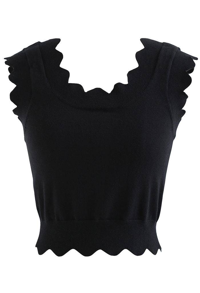 Scalloped Edge Knit Tank Top in Black