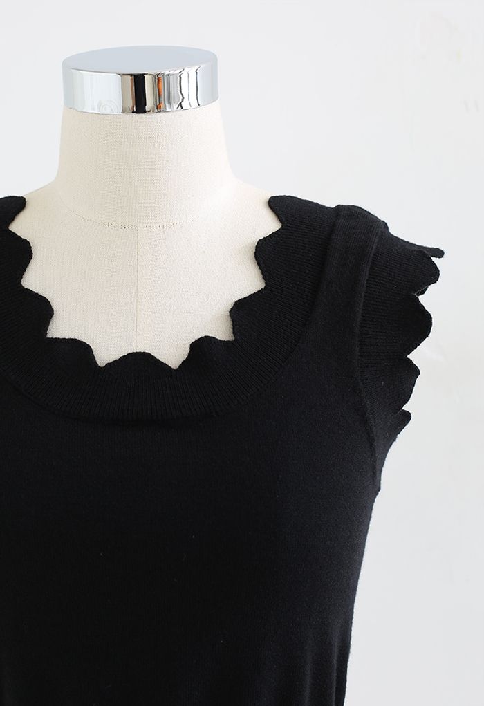 Scalloped Edge Knit Tank Top in Black