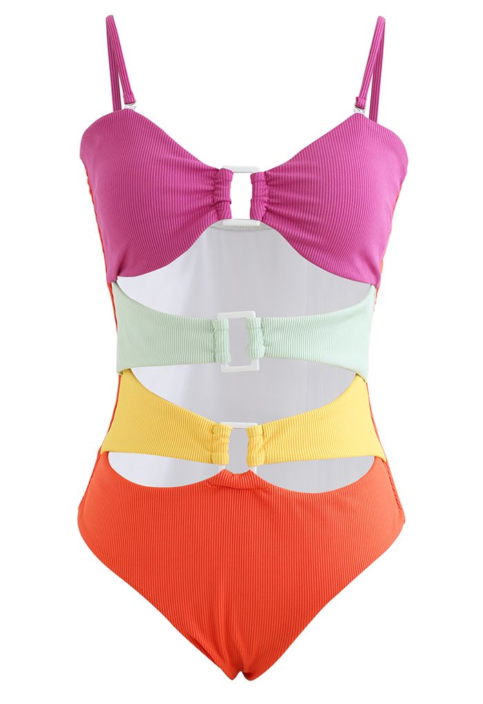 Rainbow Buckle Cutout Ribbed Swimsuit